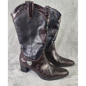 Brighton Boots Womens Size 9.5 Black Brown Croc Embossed Western Heart Toe Heel